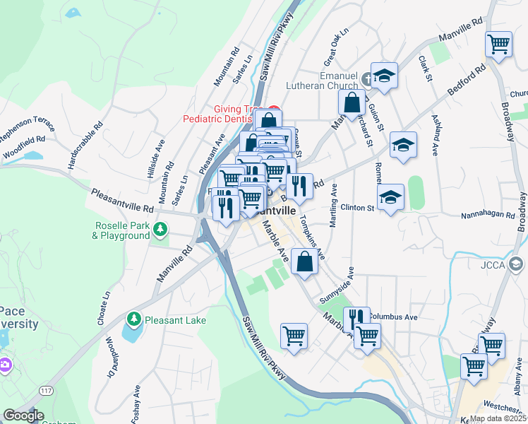 map of restaurants, bars, coffee shops, grocery stores, and more near in Pleasantville
