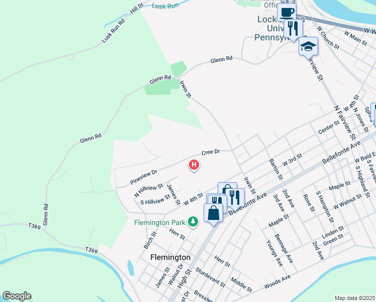 map of restaurants, bars, coffee shops, grocery stores, and more near 25 Cree Drive in Lock Haven