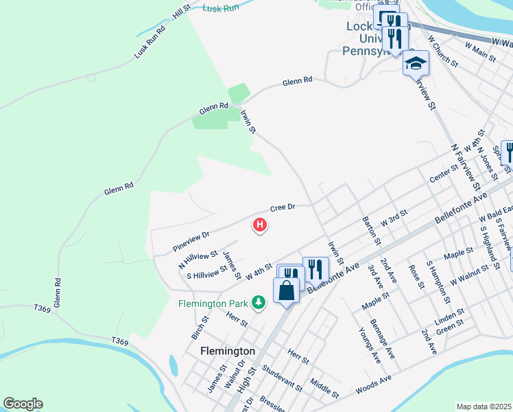 map of restaurants, bars, coffee shops, grocery stores, and more near 25 Cree Drive in Lock Haven
