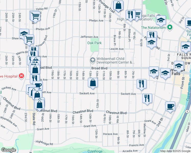 map of restaurants, bars, coffee shops, grocery stores, and more near 1209 Falls Avenue in Cuyahoga Falls