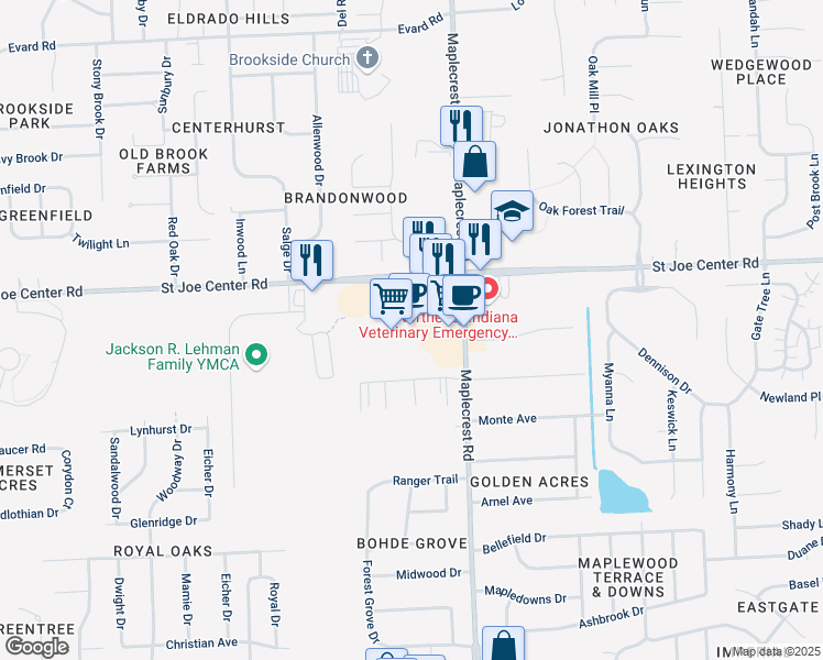 map of restaurants, bars, coffee shops, grocery stores, and more near 6002 Saint Joe Center Road in Fort Wayne