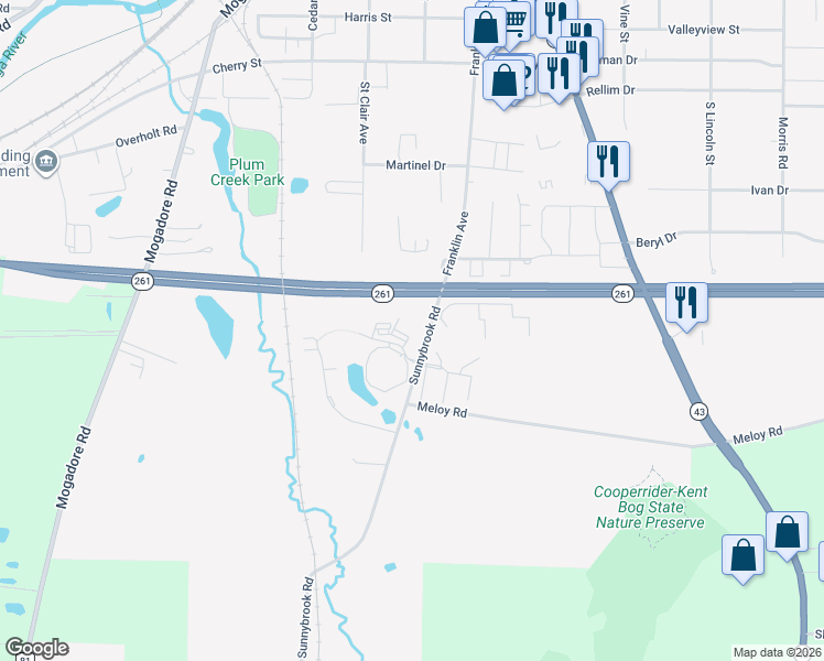 map of restaurants, bars, coffee shops, grocery stores, and more near 5231 Sunnybrook Road in Kent
