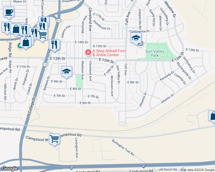 map of restaurants, bars, coffee shops, grocery stores, and more near 721 Cleveland Avenue in Cheyenne