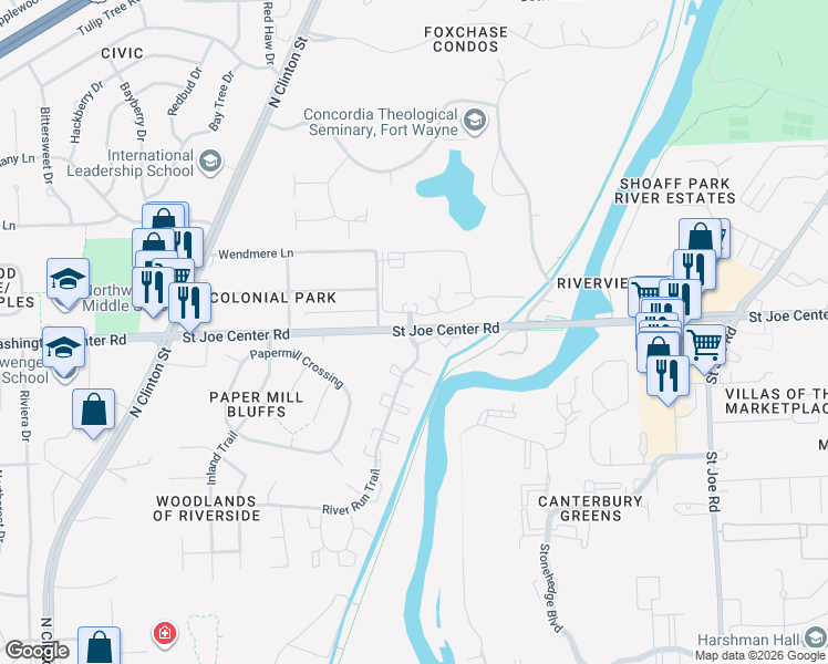 map of restaurants, bars, coffee shops, grocery stores, and more near 5712 River Run Trail in Fort Wayne