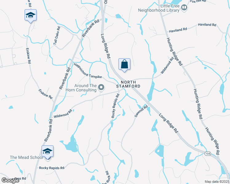 map of restaurants, bars, coffee shops, grocery stores, and more near Wildwood Road in Stamford