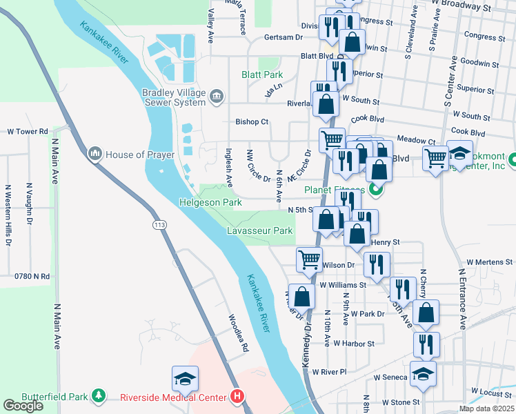 map of restaurants, bars, coffee shops, grocery stores, and more near 640 Beckman Drive in Kankakee
