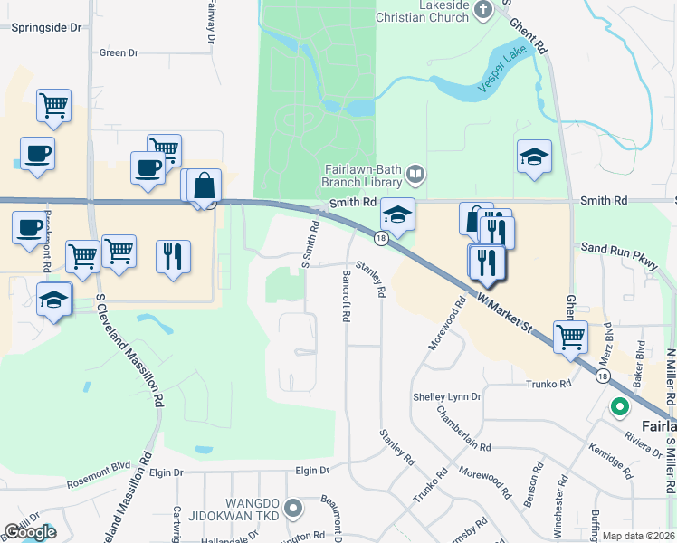map of restaurants, bars, coffee shops, grocery stores, and more near 3498 Bancroft Road in Fairlawn