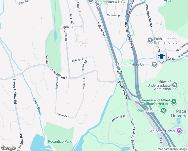 map of restaurants, bars, coffee shops, grocery stores, and more near 94 Long Hill Road East in Briarcliff Manor