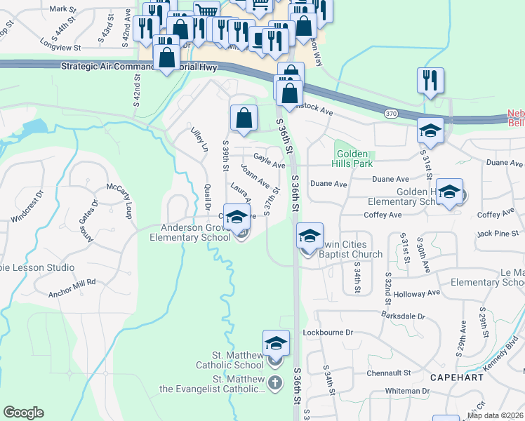 map of restaurants, bars, coffee shops, grocery stores, and more near 3701 Coffey Avenue in Bellevue