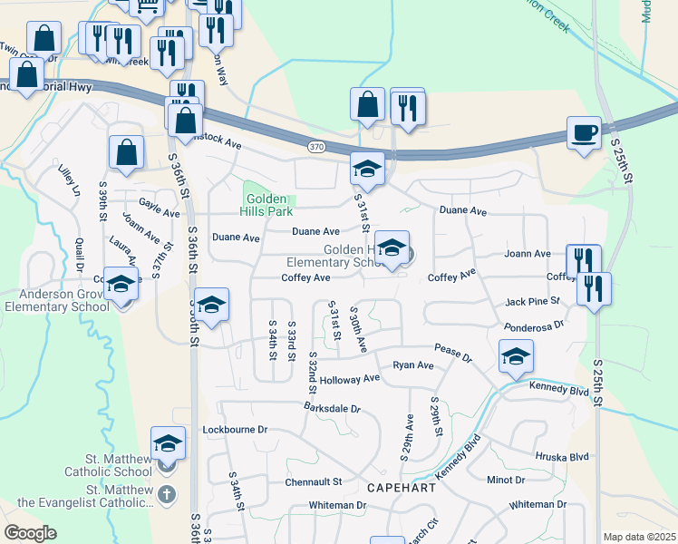 map of restaurants, bars, coffee shops, grocery stores, and more near 3112 Coffey Avenue in Bellevue