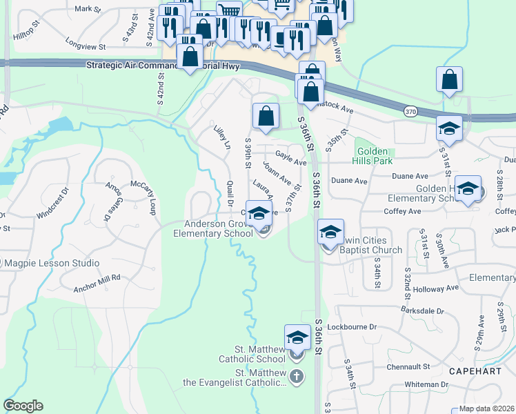 map of restaurants, bars, coffee shops, grocery stores, and more near 3811 Coffey Avenue in Bellevue