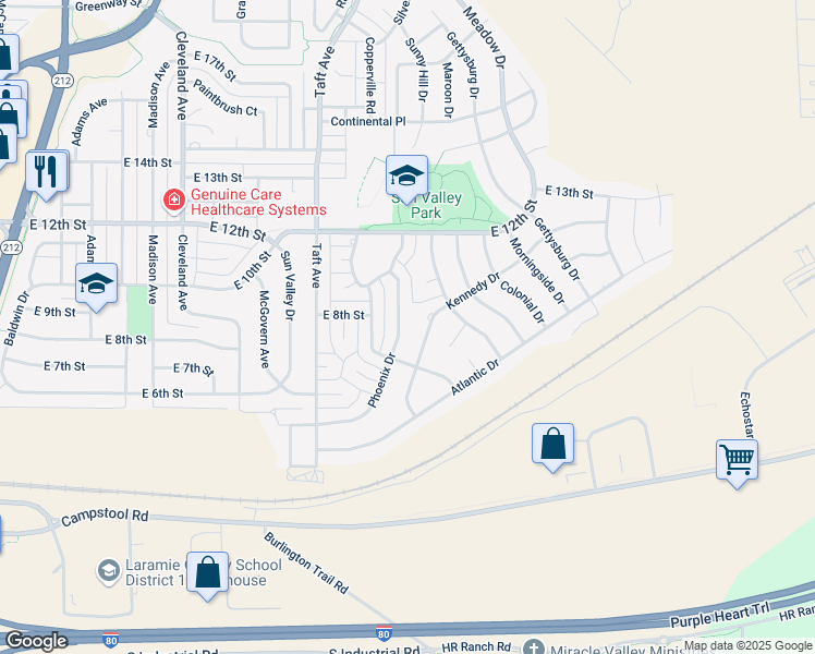map of restaurants, bars, coffee shops, grocery stores, and more near 714 Phoenix Drive in Cheyenne