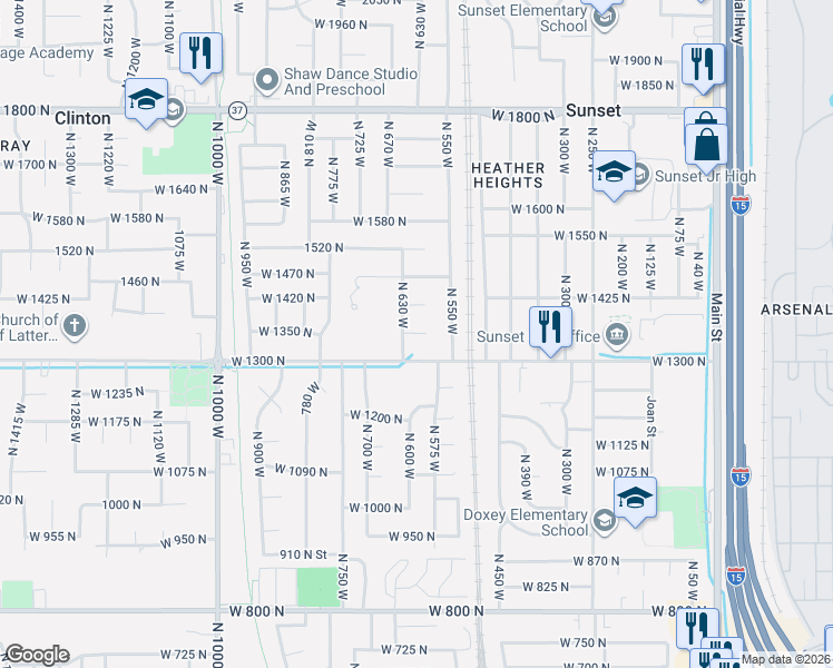 map of restaurants, bars, coffee shops, grocery stores, and more near 584 West 1350 North in Clinton