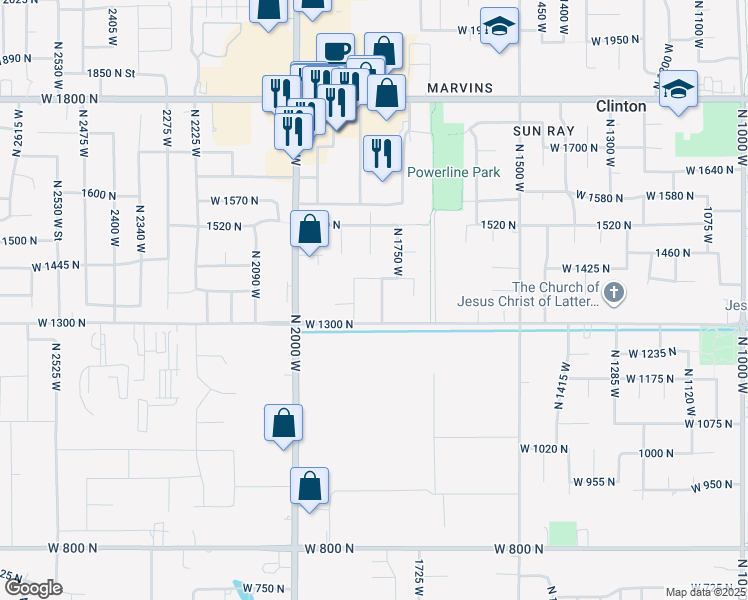 map of restaurants, bars, coffee shops, grocery stores, and more near 1788 West 1300 North in Clinton