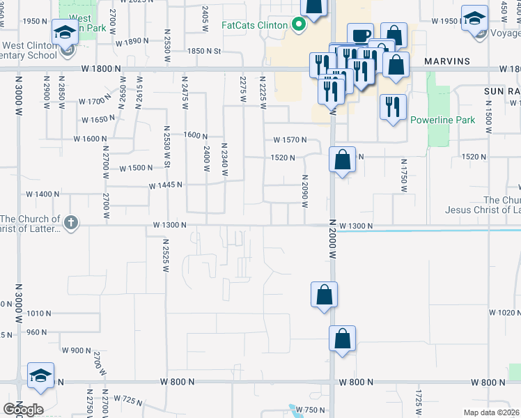 map of restaurants, bars, coffee shops, grocery stores, and more near 1348 North 2275 West in Clinton