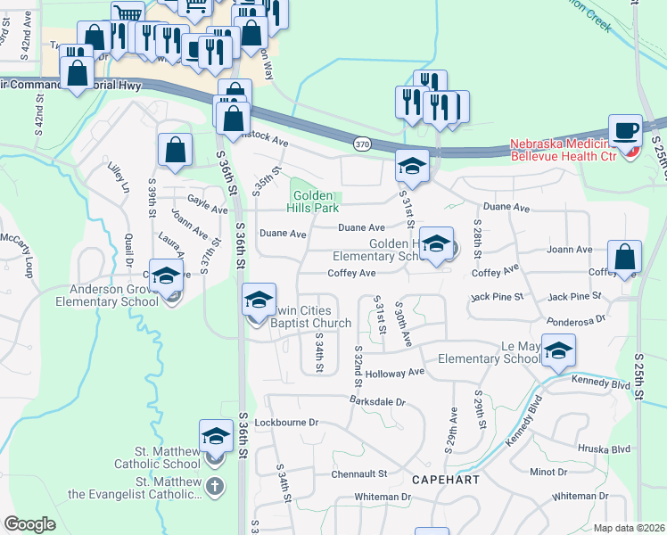 map of restaurants, bars, coffee shops, grocery stores, and more near 3307 Coffey Avenue in Bellevue