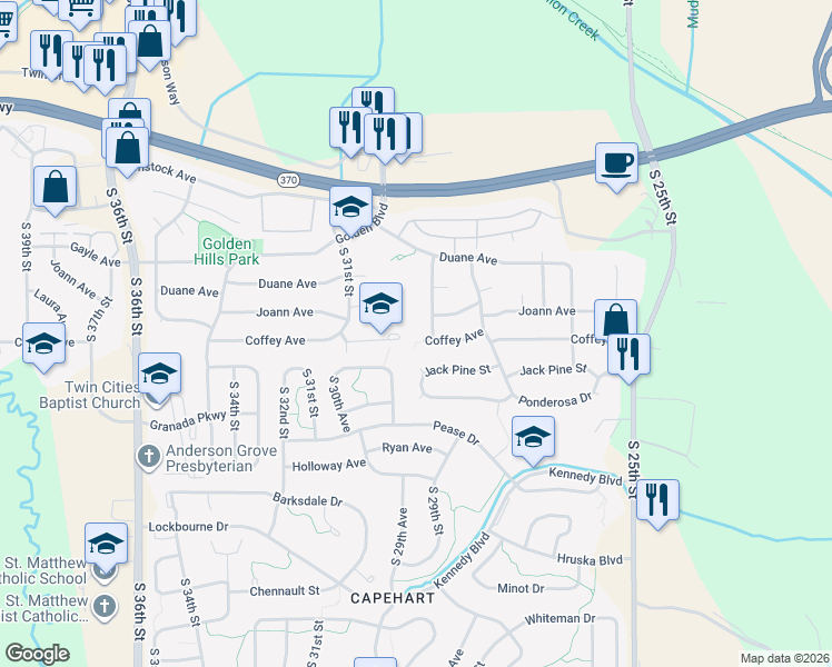 map of restaurants, bars, coffee shops, grocery stores, and more near 2912 Coffey Avenue in Bellevue