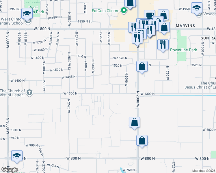 map of restaurants, bars, coffee shops, grocery stores, and more near 1348 North 2275 West in Clinton