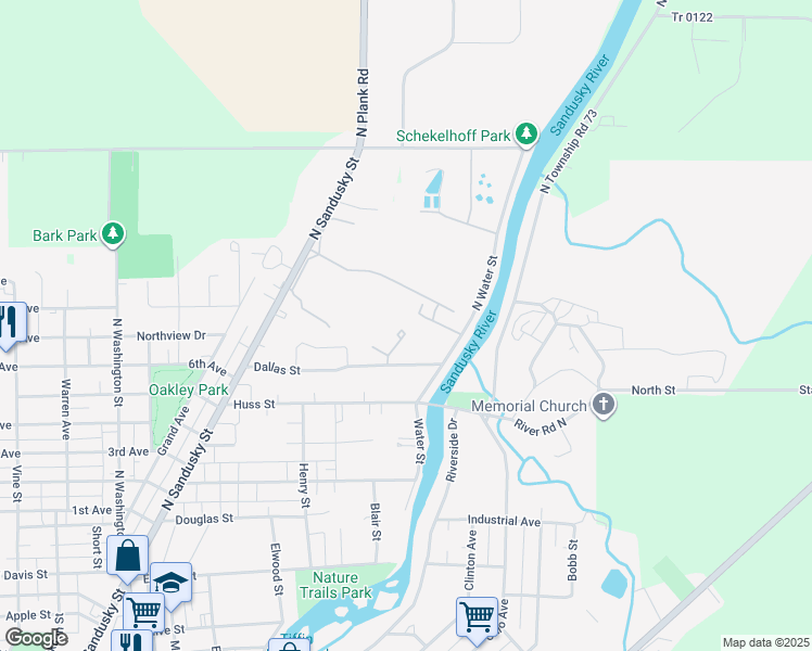 map of restaurants, bars, coffee shops, grocery stores, and more near 155 Dallas Street in Tiffin