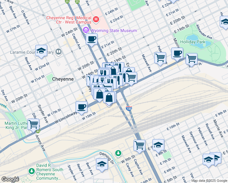 map of restaurants, bars, coffee shops, grocery stores, and more near 1601 Central Avenue in Cheyenne