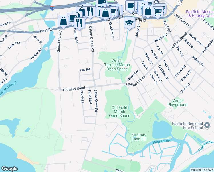 map of restaurants, bars, coffee shops, grocery stores, and more near 891 Oldfield Road in Fairfield