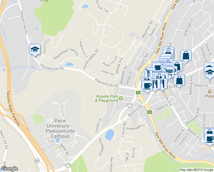 map of restaurants, bars, coffee shops, grocery stores, and more near 134 Pleasantville Road in Pleasantville