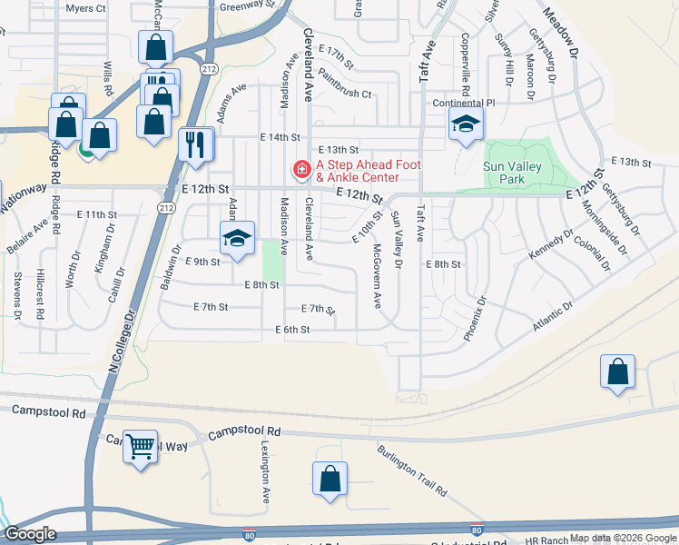 map of restaurants, bars, coffee shops, grocery stores, and more near 4504 East 8th Street in Cheyenne