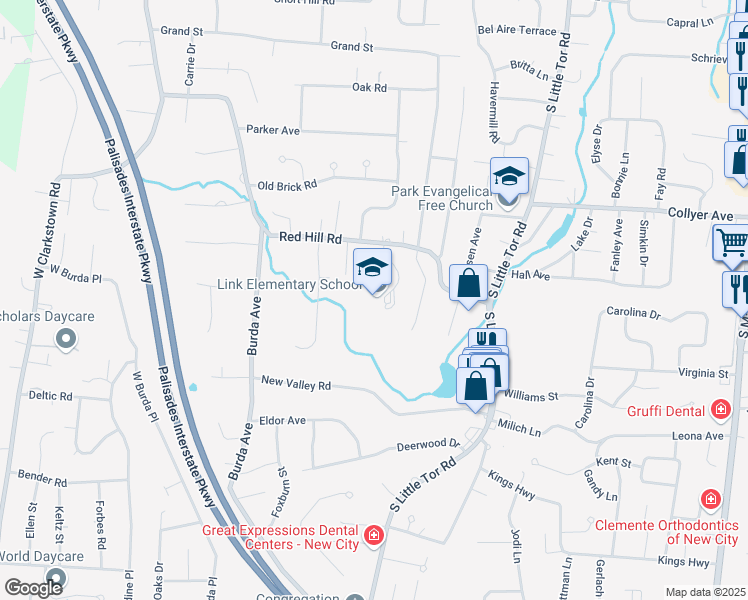 map of restaurants, bars, coffee shops, grocery stores, and more near 51 Red Hill Road in New City