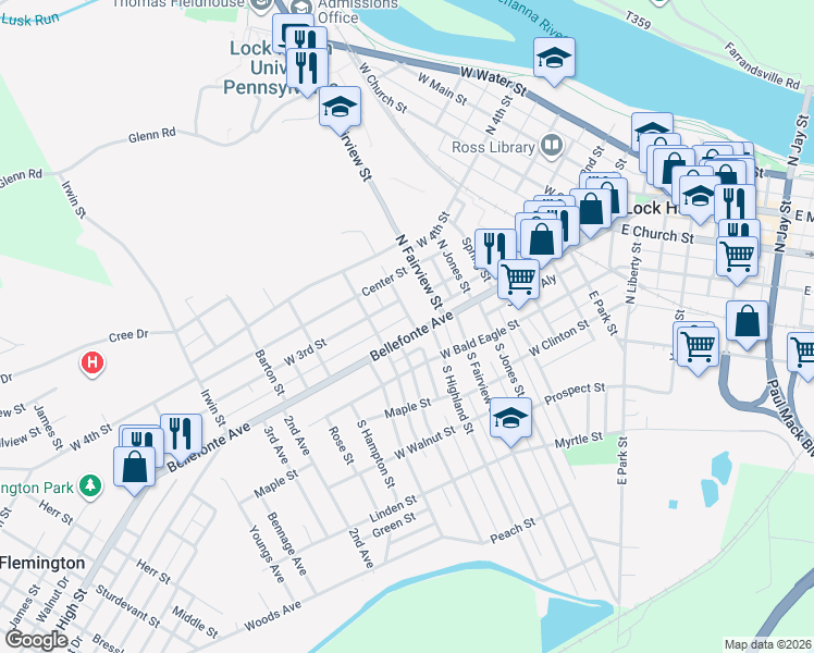 map of restaurants, bars, coffee shops, grocery stores, and more near 660 Bellefonte Avenue in Lock Haven