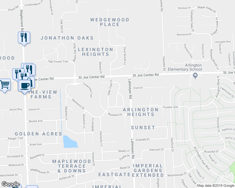 map of restaurants, bars, coffee shops, grocery stores, and more near 5648 Thornbriar Lane in Fort Wayne