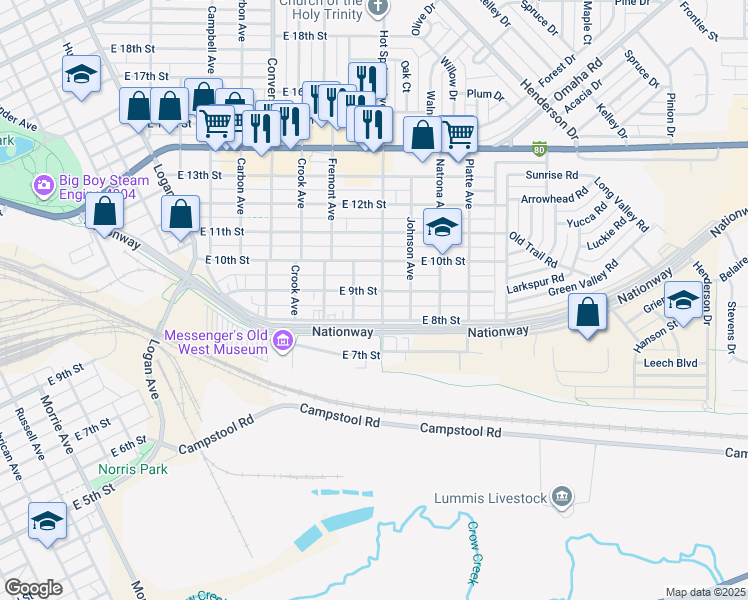 map of restaurants, bars, coffee shops, grocery stores, and more near 804 Hot Springs Avenue in Cheyenne