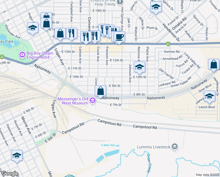 map of restaurants, bars, coffee shops, grocery stores, and more near 2508 E 8th St in Cheyenne