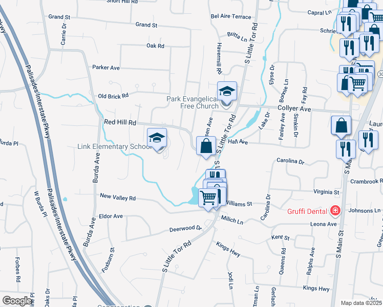 map of restaurants, bars, coffee shops, grocery stores, and more near 15 Red Hill Road in New City
