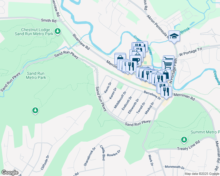 map of restaurants, bars, coffee shops, grocery stores, and more near 1063 Kevin Drive in Akron