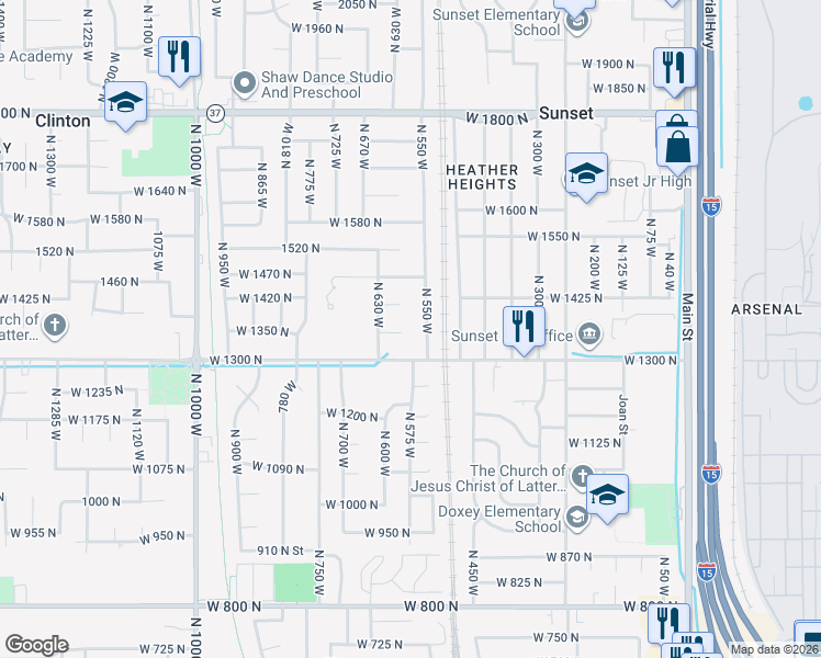 map of restaurants, bars, coffee shops, grocery stores, and more near 584 West 1350 North in Clinton