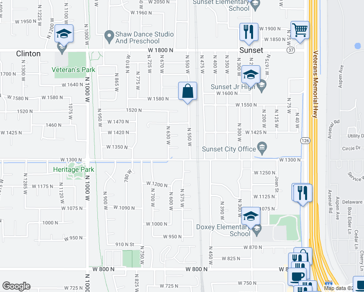 map of restaurants, bars, coffee shops, grocery stores, and more near 584 West 1350 North in Clinton