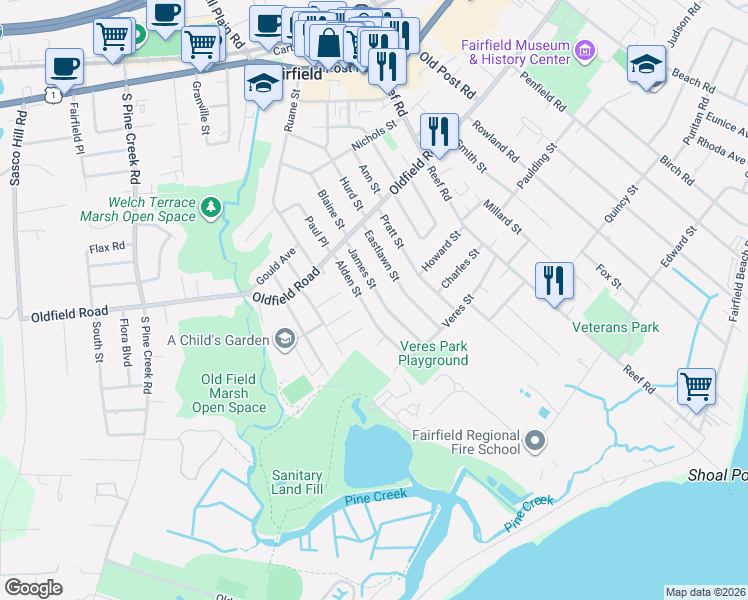 map of restaurants, bars, coffee shops, grocery stores, and more near 150 James Street in Fairfield