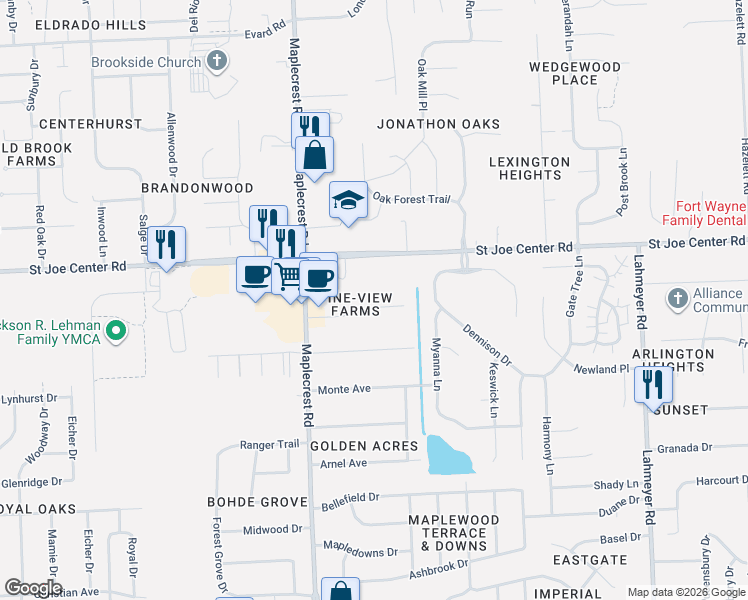 map of restaurants, bars, coffee shops, grocery stores, and more near 6530 Pine Meadows Lane in Fort Wayne