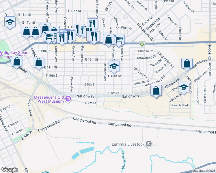 map of restaurants, bars, coffee shops, grocery stores, and more near 801-899 Johnson Avenue in Cheyenne