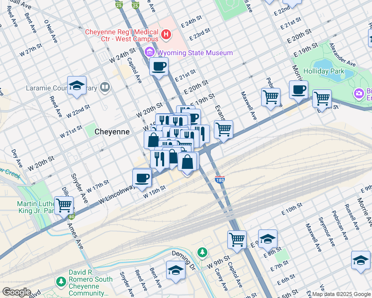 map of restaurants, bars, coffee shops, grocery stores, and more near 1518 Capitol Avenue in Cheyenne