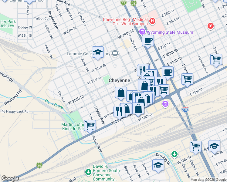 map of restaurants, bars, coffee shops, grocery stores, and more near 1808 Oneil Ave in Cheyenne