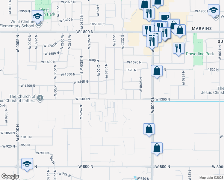 map of restaurants, bars, coffee shops, grocery stores, and more near 2339 1340 North in Clinton