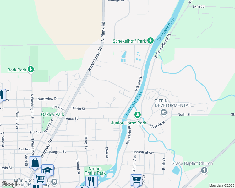 map of restaurants, bars, coffee shops, grocery stores, and more near 843 North Water Street in Tiffin