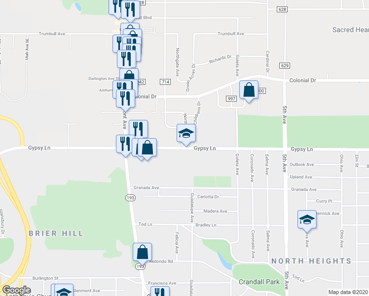 map of restaurants, bars, coffee shops, grocery stores, and more near 507 Gypsy Lane in Youngstown