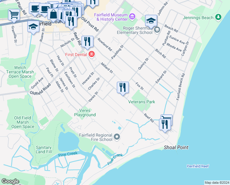 map of restaurants, bars, coffee shops, grocery stores, and more near 644 Reef Road in Fairfield