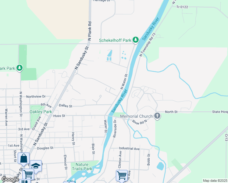 map of restaurants, bars, coffee shops, grocery stores, and more near 849 North Water Street in Tiffin