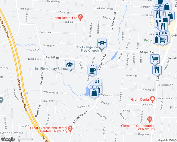 map of restaurants, bars, coffee shops, grocery stores, and more near 20 Red Hill Road in New City
