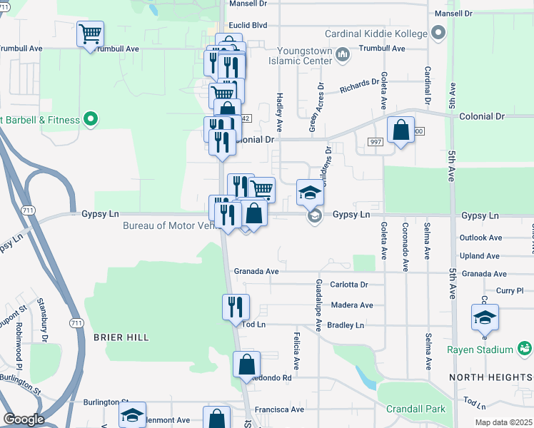 map of restaurants, bars, coffee shops, grocery stores, and more near 639 Gypsy Lane in Youngstown