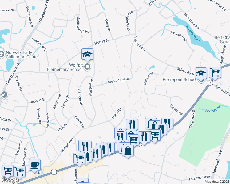 map of restaurants, bars, coffee shops, grocery stores, and more near 17 Cider Lane in Norwalk