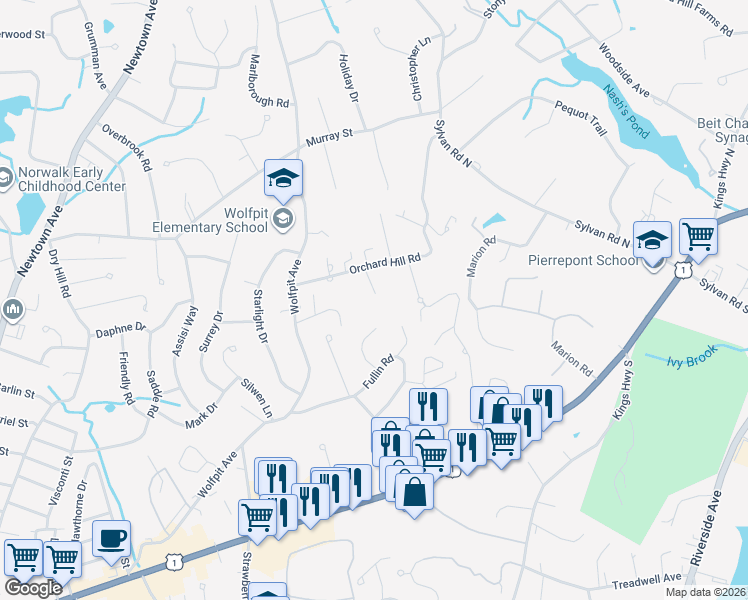 map of restaurants, bars, coffee shops, grocery stores, and more near 17 Cider Lane in Norwalk
